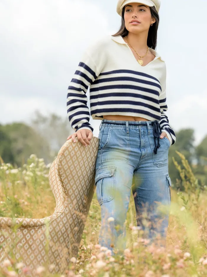 Amanda Striped Polo Sweater Ivorynavy Women Altar039d State Cropped Sweaters