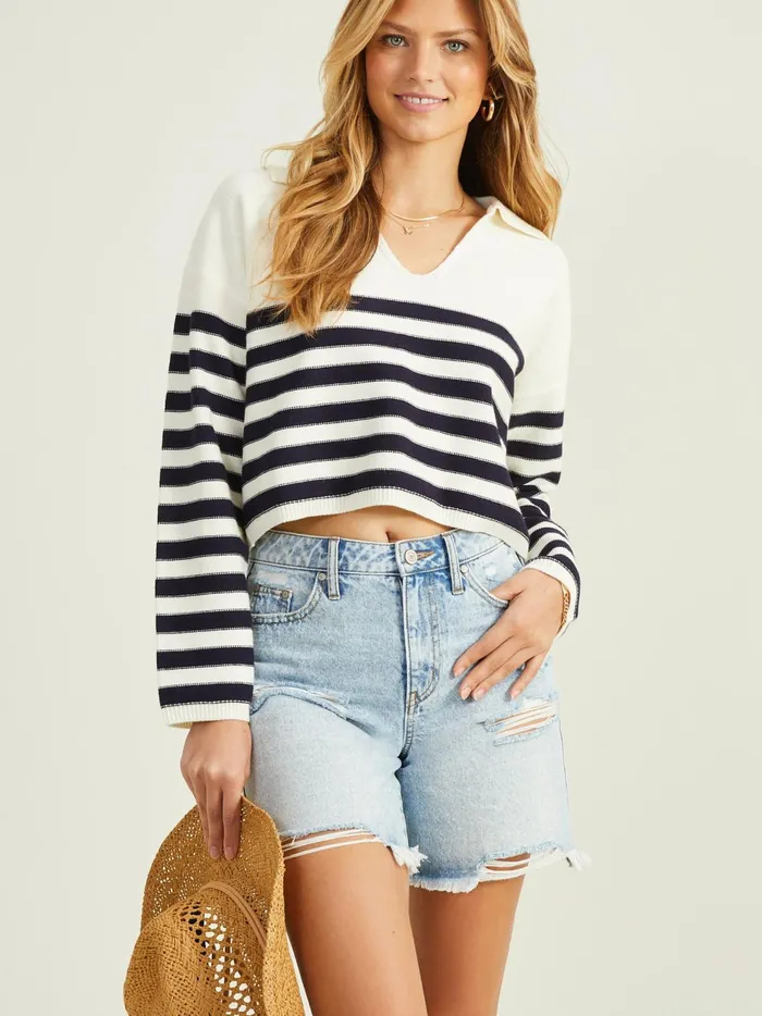 Amanda Striped Polo Sweater Ivorynavy Women Altar039d State Cropped Sweaters