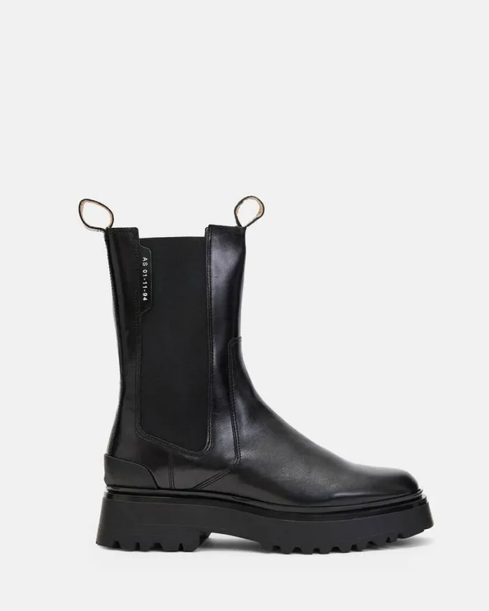 Amber Leather Round Toe Boots Black Women AllSaints Shoes and Boots