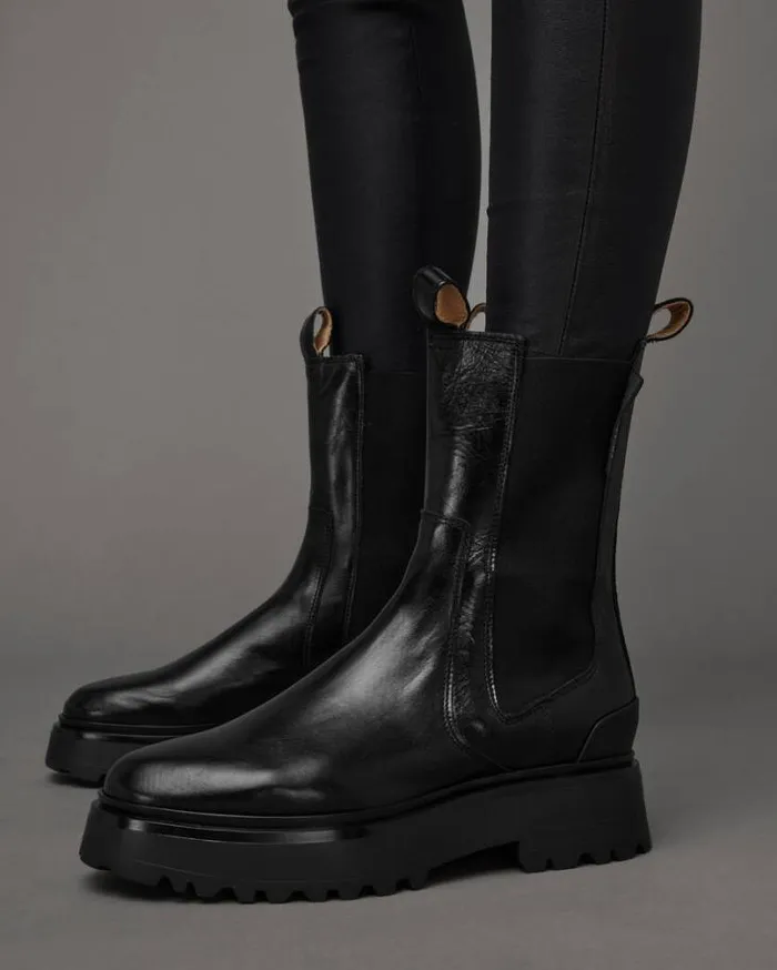 Amber Leather Round Toe Boots Black Women AllSaints Shoes and Boots