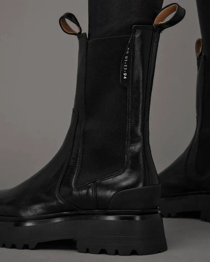 Amber Leather Round Toe Boots Black Women AllSaints Shoes and Boots