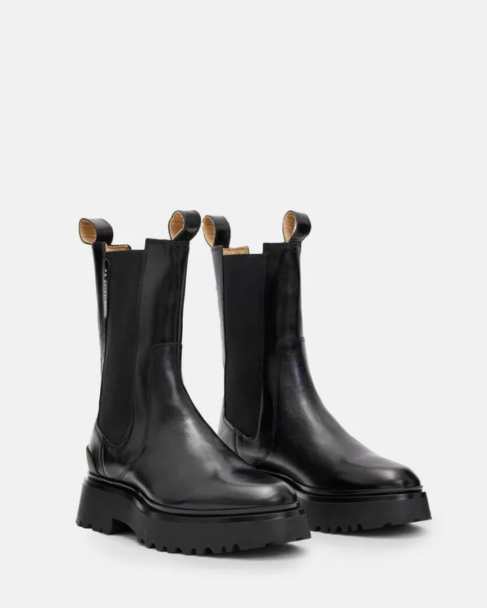 Amber Leather Round Toe Boots Black Women AllSaints Shoes and Boots