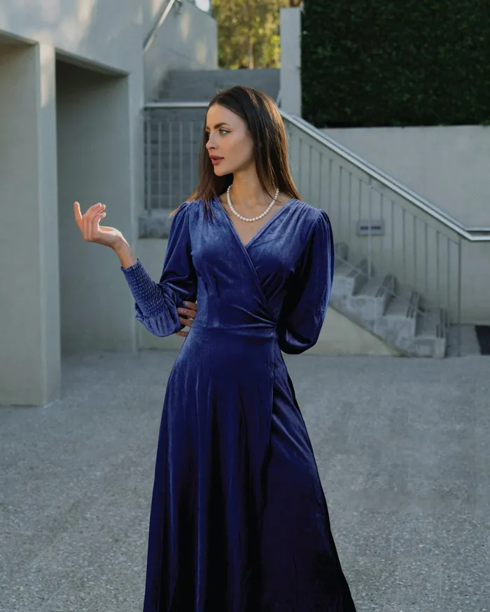 Belle and Bloom Dresses Women Current Mood Velvet Wrap Dress 8211 Royal Blue