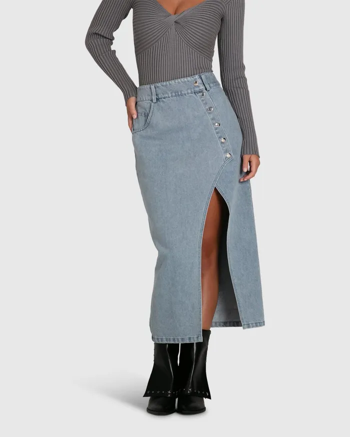 Belle and Bloom Pants and Skirts Women Can039t Forget You Denim Midi Skirt