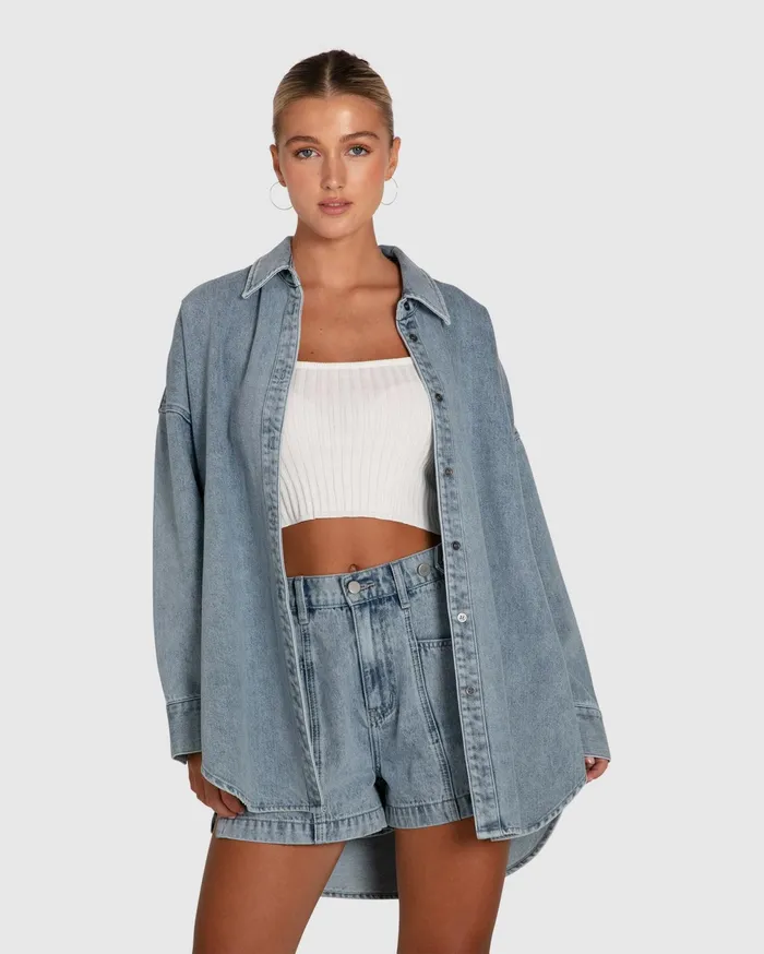 Belle and Bloom Tops Women Into Him Oversized Denim Shirt 8211 Stonewash