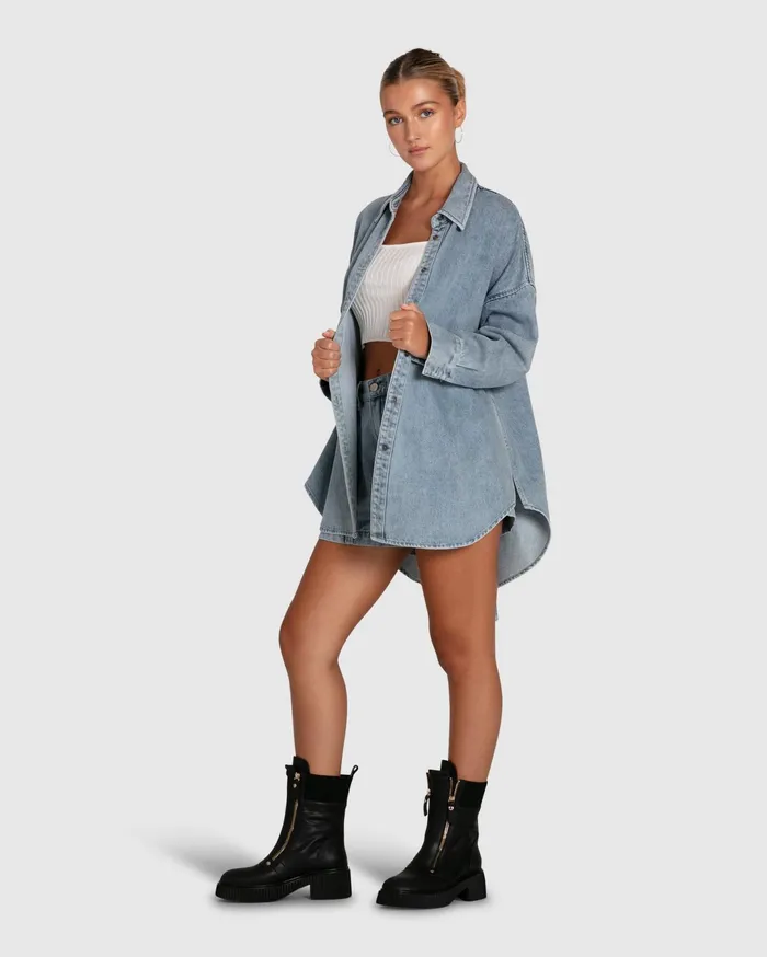 Belle and Bloom Tops Women Into Him Oversized Denim Shirt 8211 Stonewash