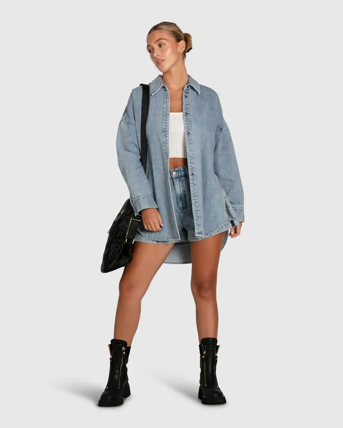 Belle and Bloom Tops Women Into Him Oversized Denim Shirt 8211 Stonewash