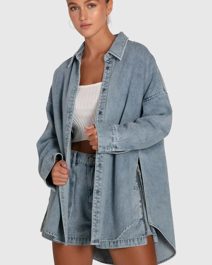 Belle and Bloom Tops Women Into Him Oversized Denim Shirt 8211 Stonewash
