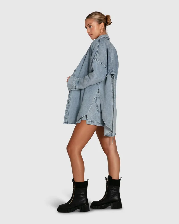 Belle and Bloom Tops Women Into Him Oversized Denim Shirt 8211 Stonewash