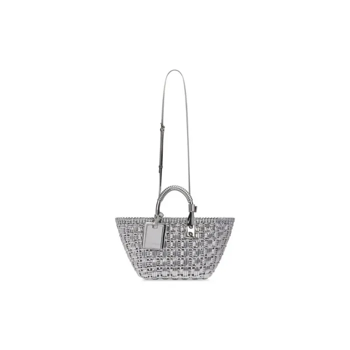 Bistro Xs Basket With Strap In Mirror Fabric In Silver Women Balenciaga Tote Bags