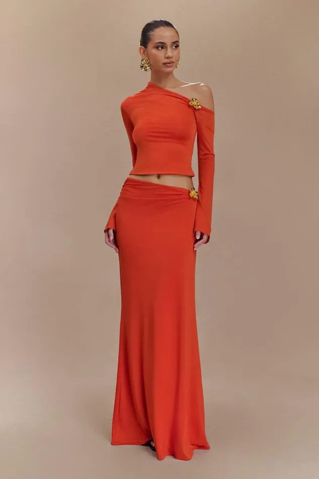 Bottoms Women Meshki Ainsley Asymmetrical Maxi Skirt With Floral Hardware 8211 Burnt Orange