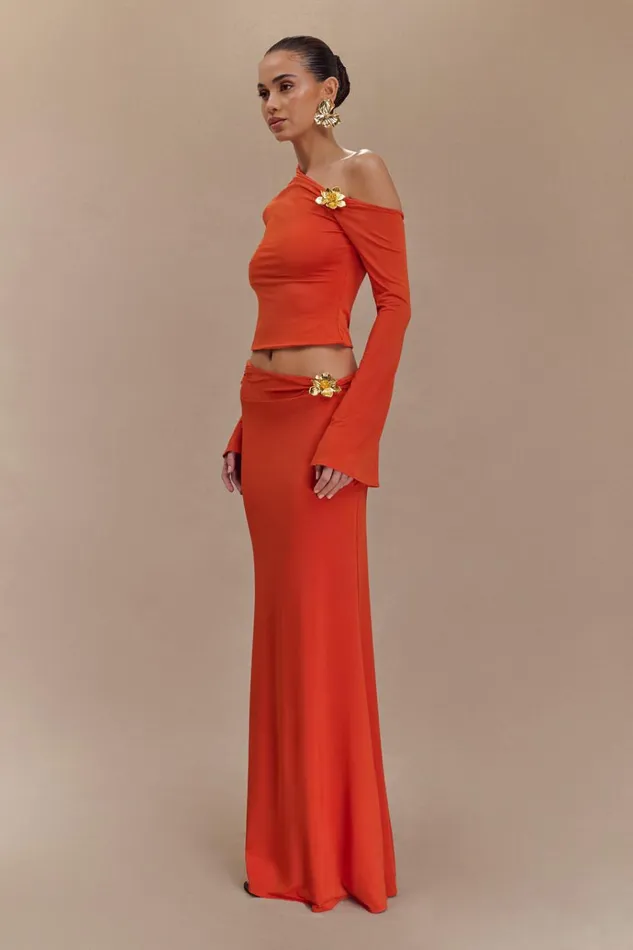 Bottoms Women Meshki Ainsley Asymmetrical Maxi Skirt With Floral Hardware 8211 Burnt Orange
