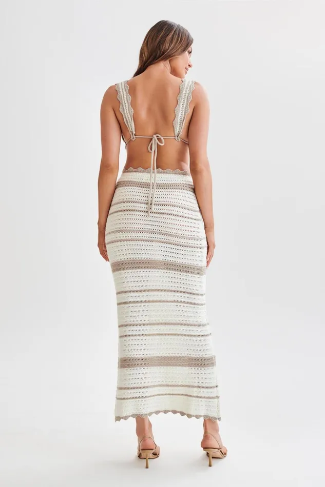 Bottoms Women Meshki Jadia Contrast Crochet Fishtail Maxi Skirt 8211 TaupeWhite