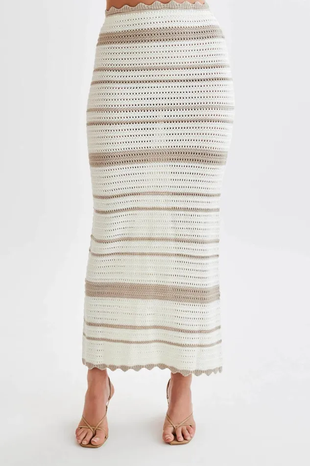 Bottoms Women Meshki Jadia Contrast Crochet Fishtail Maxi Skirt 8211 TaupeWhite