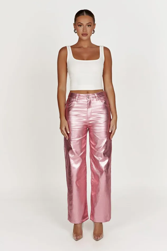 Bottoms Women Meshki Minnie Metallic Straight Jean 8211 Metallic Pink