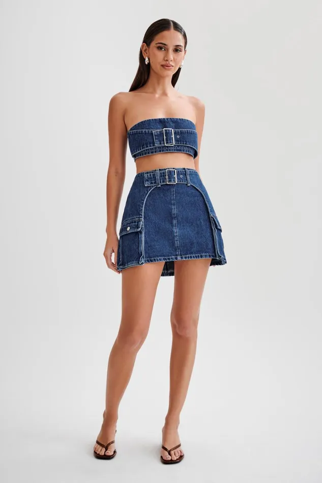 Bottoms Women Meshki Rowena Denim Buckle Mini Skirt 8211 Dark Blue