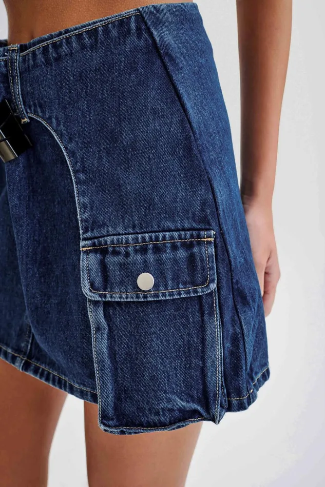 Bottoms Women Meshki Rowena Denim Buckle Mini Skirt 8211 Dark Blue