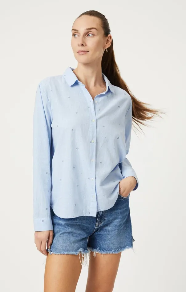 ButtonUp Long Sleeve Shirt In Navy Flower Dot Print Women Mavi Jeans Shirts