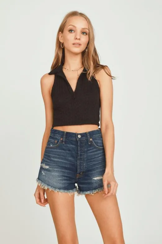 Casual Tops Women Vintage Havana Black Knit Polo Tank Top Black