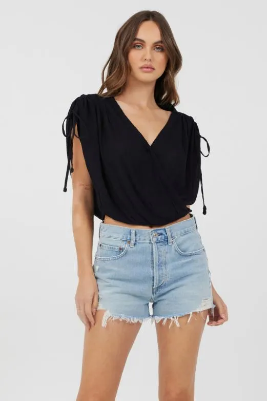 Casual Tops Women Vintage Havana Black Rayon Crinkle Surplice Top Black