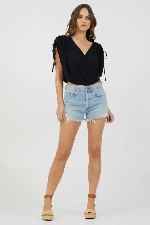 Casual Tops Women Vintage Havana Black Rayon Crinkle Surplice Top Black