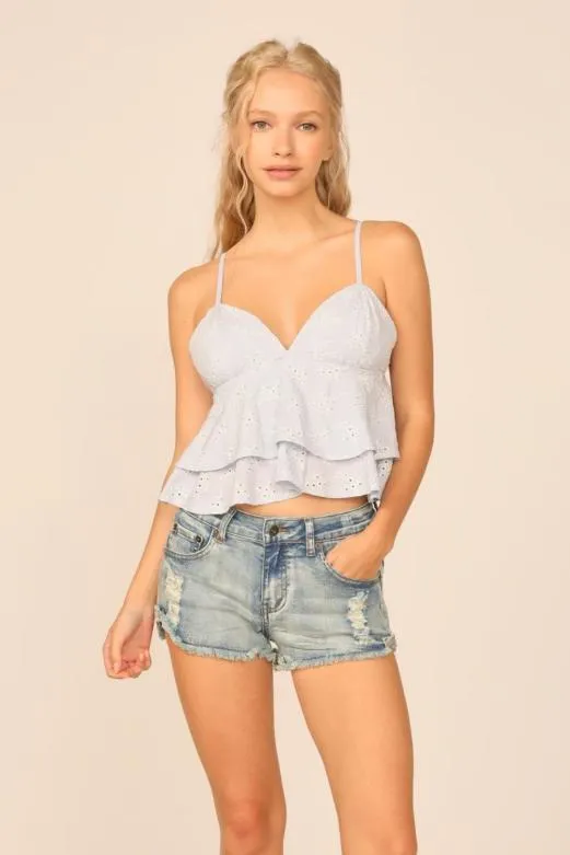 Casual Tops Women Vintage Havana Vh X Od 8211 Chambray Blue W Ivory Eyelet Ruffle Tank Top Blue