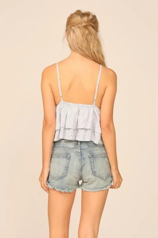 Casual Tops Women Vintage Havana Vh X Od 8211 Chambray Blue W Ivory Eyelet Ruffle Tank Top Blue