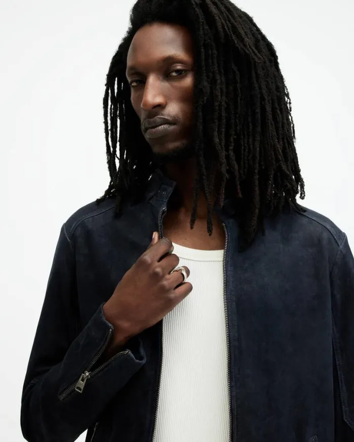 Cora Leather Snap Back Collar Jacket Mcway Blue Men AllSaints Jackets and Coats