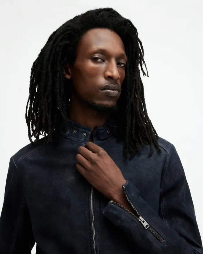 Cora Leather Snap Back Collar Jacket Mcway Blue Men AllSaints Jackets and Coats