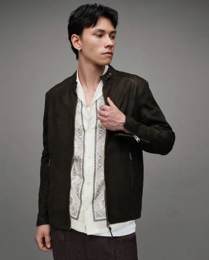 Cora Suede Snap Back Collar Jacket Anthracite Grey Men AllSaints Jackets and Coats