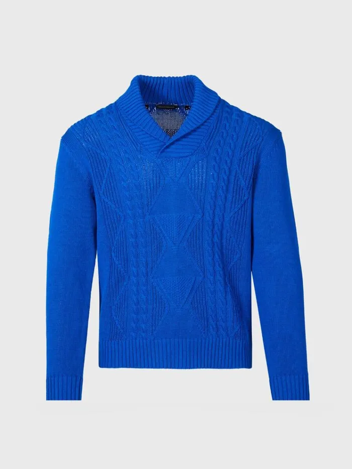Cotton Cable Shawl Collar Sweater Royal Blue Men Paul Stuart Sweaters