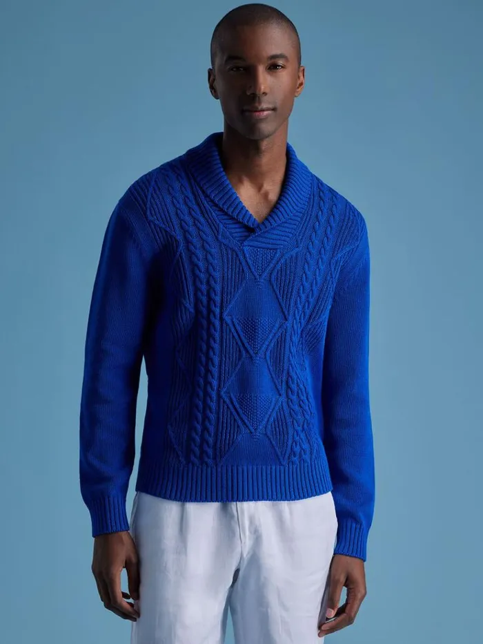 Cotton Cable Shawl Collar Sweater Royal Blue Men Paul Stuart Sweaters