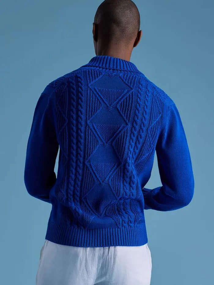 Cotton Cable Shawl Collar Sweater Royal Blue Men Paul Stuart Sweaters