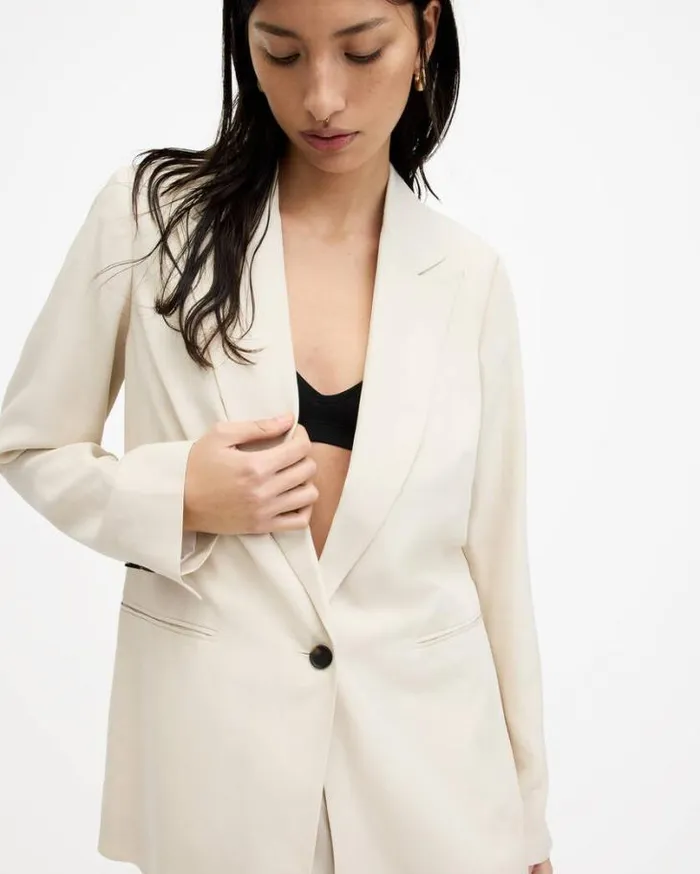 Deri Lyn Linen Blend Blazer Cream White Women AllSaints Jackets and Coats