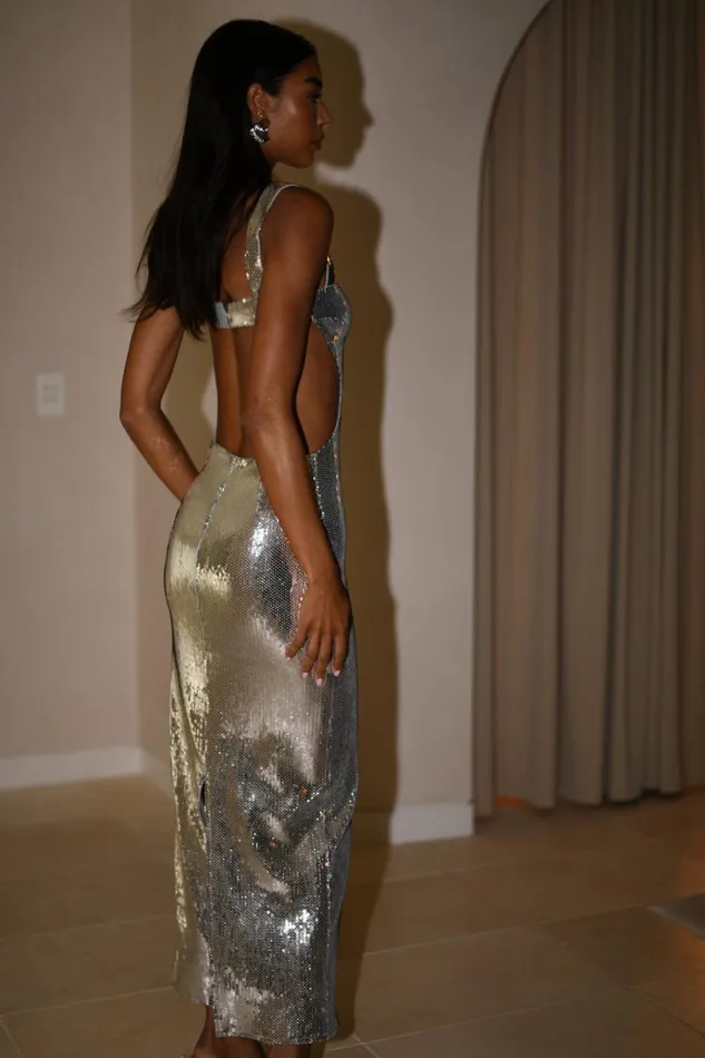 Dresses Women Meshki Adoria Sequin Cut Out Maxi Dress 8211 Silver