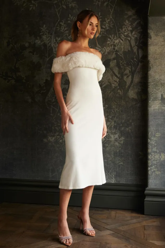 Dresses Women Meshki Angelica Off Shoulder Knit Midi Dress With Faux Fur 8211 Ivory