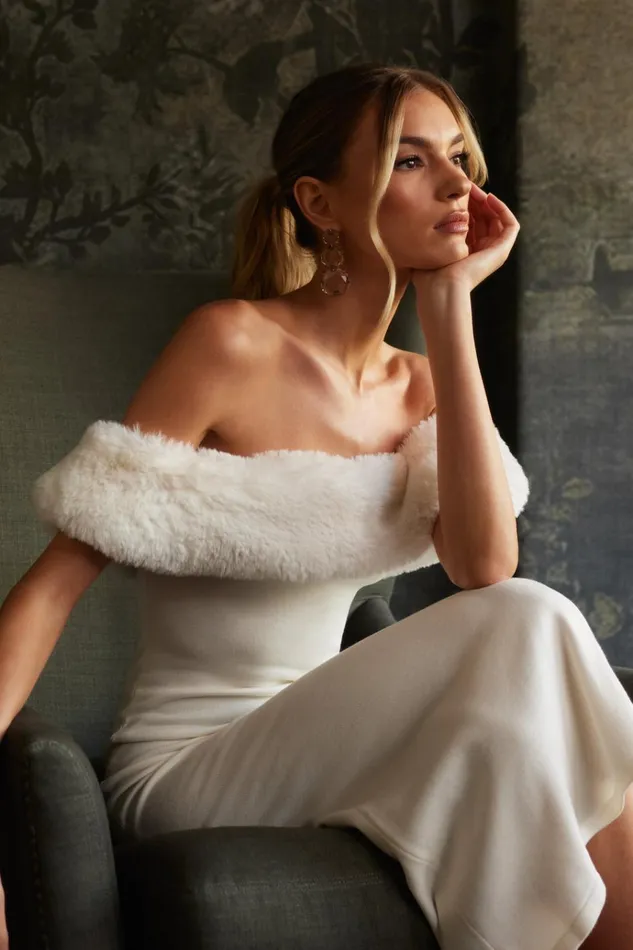 Dresses Women Meshki Angelica Off Shoulder Knit Midi Dress With Faux Fur 8211 Ivory