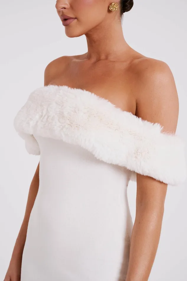 Dresses Women Meshki Angelica Off Shoulder Knit Midi Dress With Faux Fur 8211 Ivory