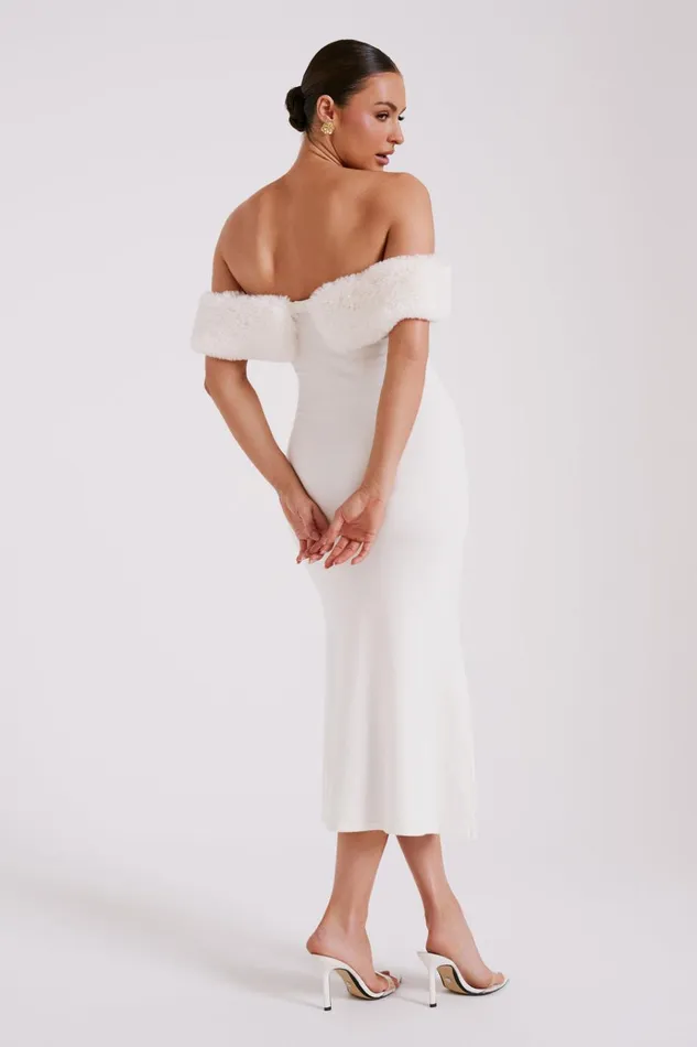 Dresses Women Meshki Angelica Off Shoulder Knit Midi Dress With Faux Fur 8211 Ivory