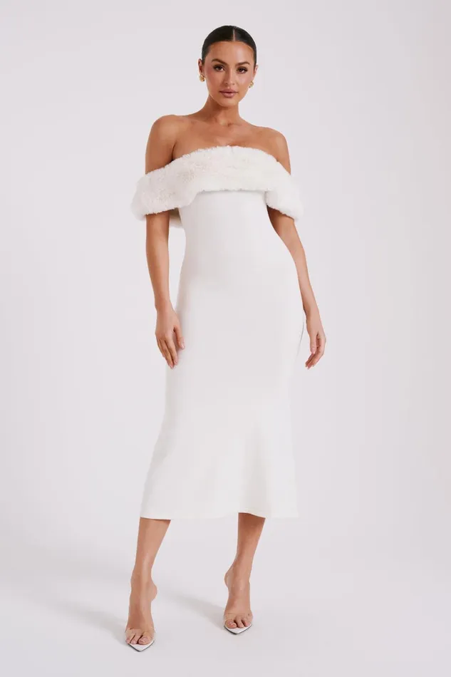 Dresses Women Meshki Angelica Off Shoulder Knit Midi Dress With Faux Fur 8211 Ivory