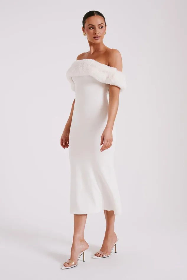 Dresses Women Meshki Angelica Off Shoulder Knit Midi Dress With Faux Fur 8211 Ivory