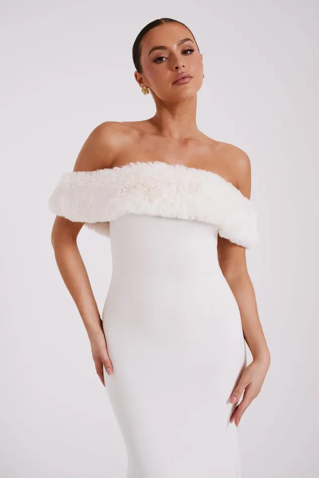 Dresses Women Meshki Angelica Off Shoulder Knit Midi Dress With Faux Fur 8211 Ivory