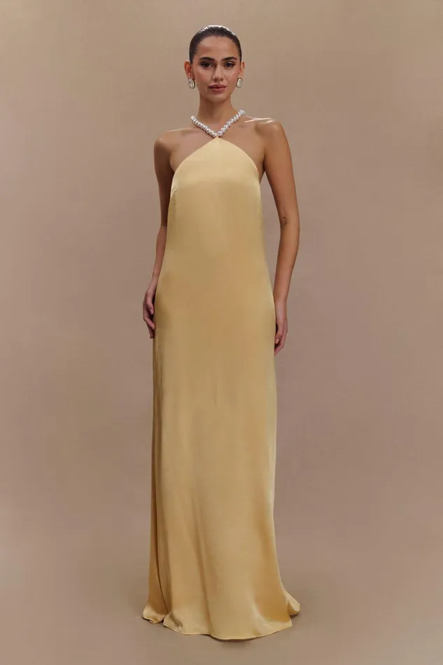 Dresses Women Meshki Blanche Satin Pearl Halter Maxi Dress 8211 Peach