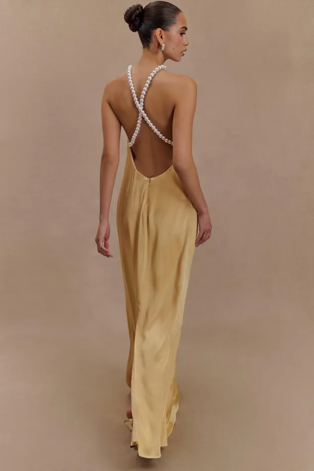 Dresses Women Meshki Blanche Satin Pearl Halter Maxi Dress 8211 Peach