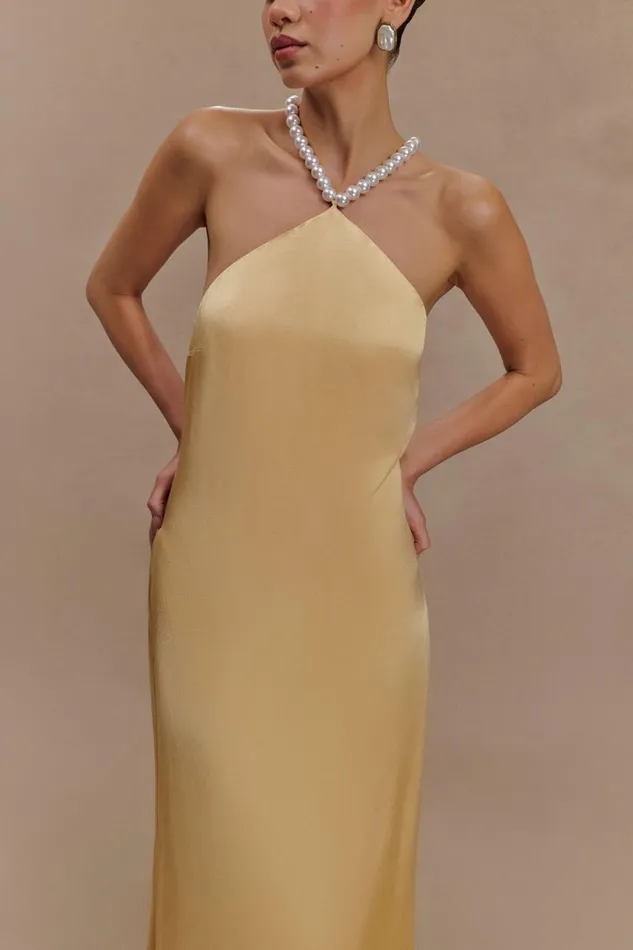 Dresses Women Meshki Blanche Satin Pearl Halter Maxi Dress 8211 Peach
