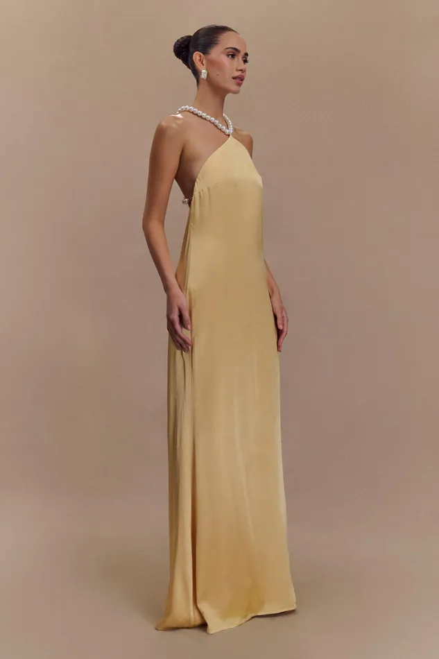 Dresses Women Meshki Blanche Satin Pearl Halter Maxi Dress 8211 Peach