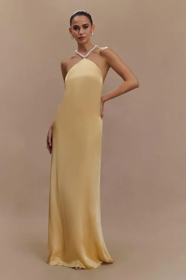 Dresses Women Meshki Blanche Satin Pearl Halter Maxi Dress 8211 Peach