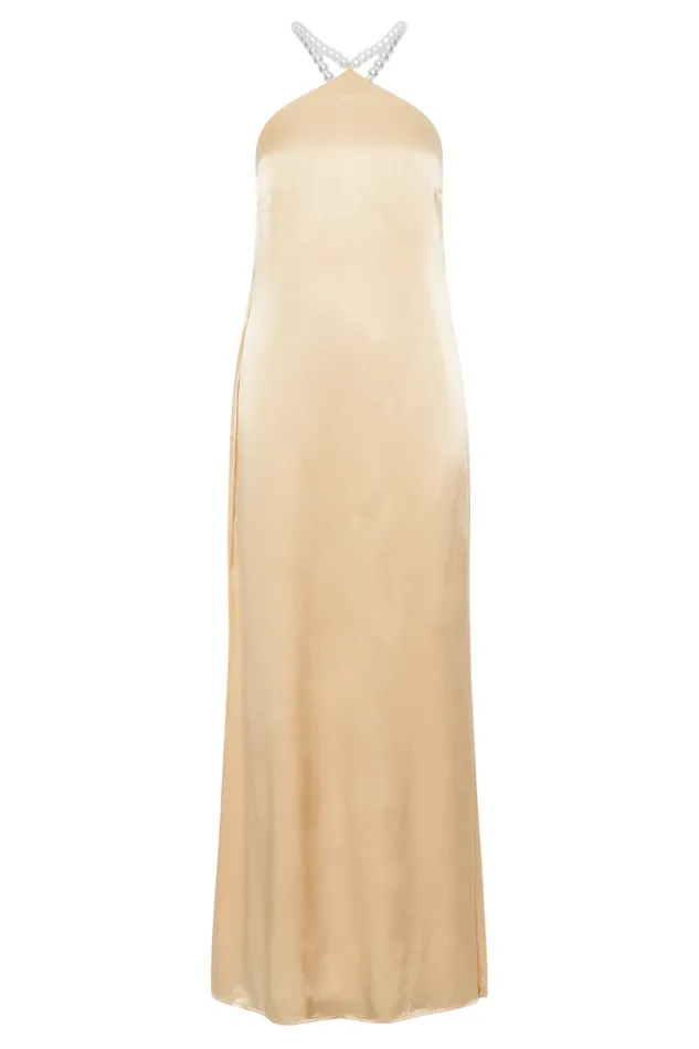 Dresses Women Meshki Blanche Satin Pearl Halter Maxi Dress 8211 Peach
