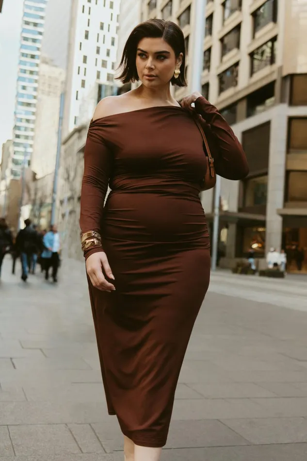 Dresses Women Meshki Christabel Recycled Nylon Ruched Midi Dress 8211 Chocolate
