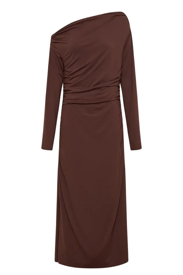 Dresses Women Meshki Christabel Recycled Nylon Ruched Midi Dress 8211 Chocolate